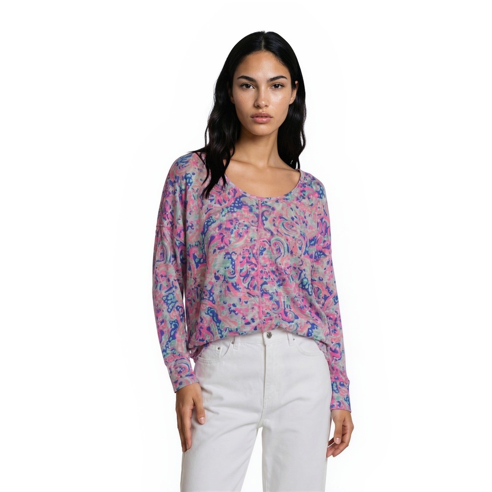 Lilly Pulitzer Luxletic Top Women's Size Medium Pink Blue Paisley Dolman Blouse